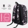 A backpack with a zipper, 3 external pockets, pink/black color