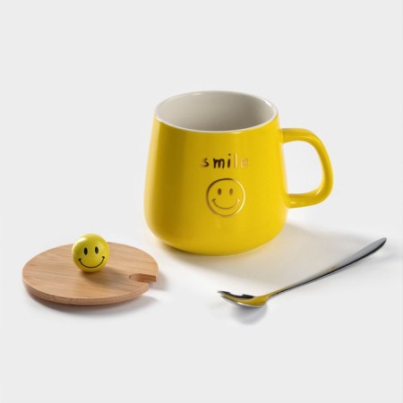 Ceramic mug "Smile", 350 ml, with a wooden lid and spoon, color and pattern mix-4
