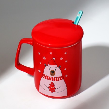 Ceramic mug with a spoon and cover "Bear", 400 ml, red color-2