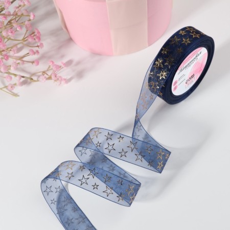 Kapron tape with embossing "Stars", 25 mm × 23 ± 1 m, dark blue/gold color
