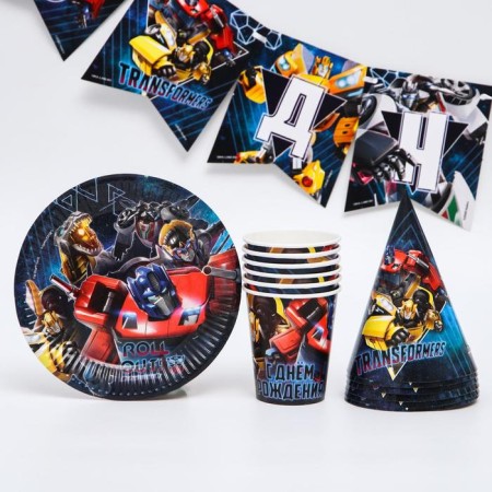 A set of disposable paper utensils, on 6 people "Happy Birthday", transformers-1