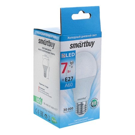 LED LED SMARTBUY, E27, A60, 7 W, 6000 K, cold white light-1