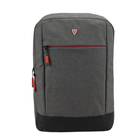 A backpack, a lightning department, an outer pocket, an attach to a suitcase, the color is gray