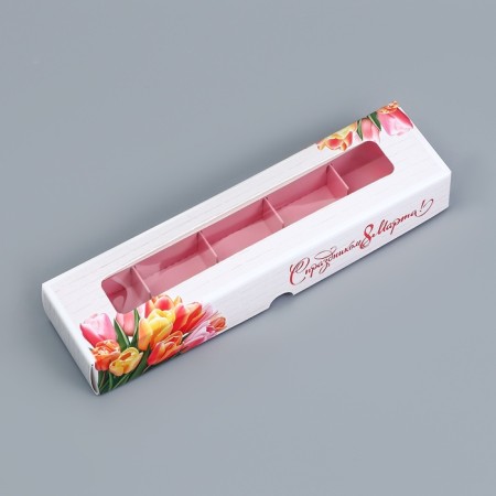 Box for 5 sweets with a shell, with the window "March 8", 21 x 5 x 3.3 cm. Confectionery packaging-2