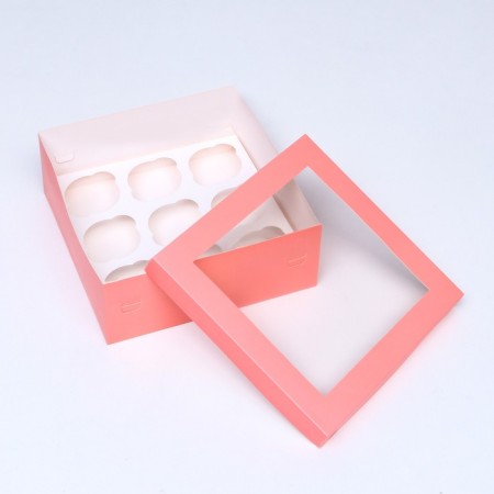Packaging for 9 cupcakes with a window, pink, 25 x 25 x 10 cm-3