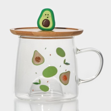 Glass mug with a wooden lid "Avocado", 350 ml, Mix drawing