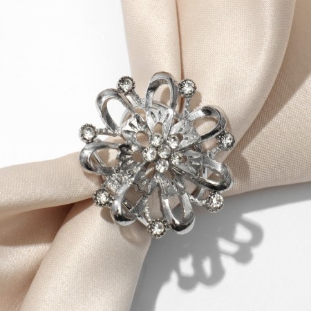 Ring for the scarf "flower" voluminous with rhinestones, white color in silver