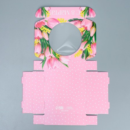 Box for Makarun with low sides, confectionery packaging "Tulips", March 8, 11 x 11 x 3 cm-3