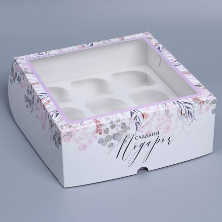 Capcake box, confectionery packaging with a window, 9 cells "Wreath", 25 x 25 x 10 cm