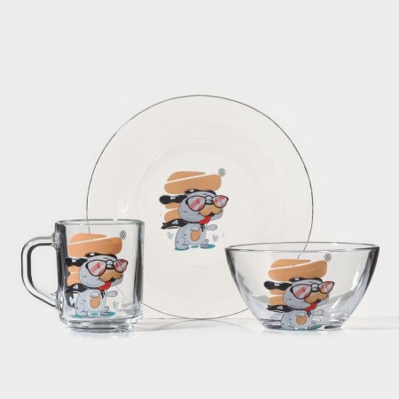 Breakfast Set "Faithful Friends", 3 items: mug 200 ml, salad bowl 450 ml, plate, MIX drawing-6