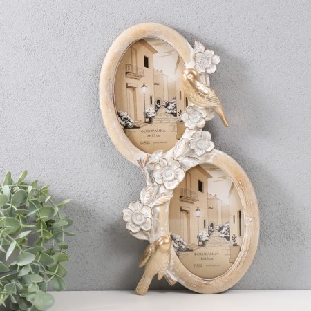 Photo frame Polystone in 2 photos 10x15 cm "Birds and flower branch" White 20.5x24 cm
