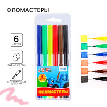 Felt -tip pens, 6 colors, blue tractor