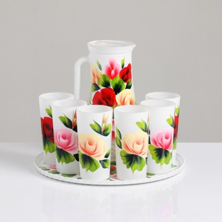 Set for juice with a tray "Zhostovo" Art painting, 6 glasses 1250/200 ml, white ma-10