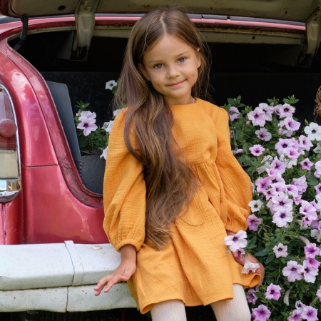 Children's dress with long sleeve KAFTAN "Muslin", size 32 (110-116 cm) Mustard color-10