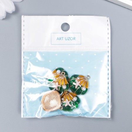 Decor for creativity metal, enamel, rhinestones "Sea shell with a bead" Green 2x2 cm-3