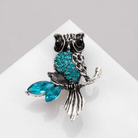 Brooch "Owl on the branch", the color of blue in black silver