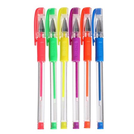 Set of gel pens, 6 colors, fluorescent, with rubber holders-5