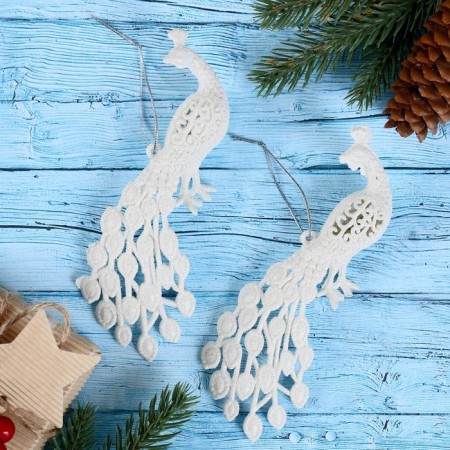 Christmas tree decoration "Peacock" (set 2 pcs) 5.5x16 cm, white