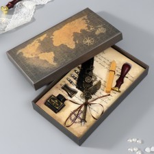 Feature handle set with interchangeable feathers+stand+ink+wax+print 26x12x4 cm