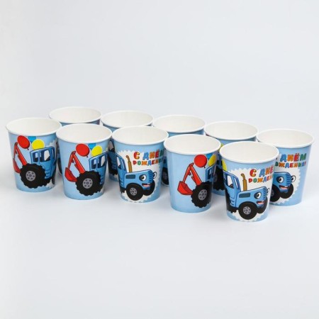 Paper glass "Happy Birthday!", 250 ml, blue tractor-2
