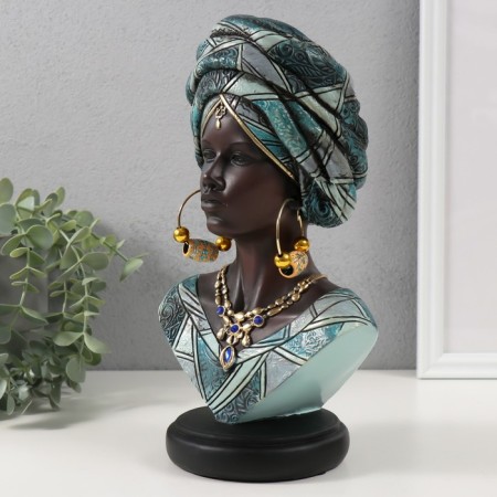 Souvenir Polystone Bust "African in Blue Turban with patterns" 15x12x26.5 cm-3