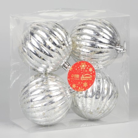 Set of balls plastic D-8 cm, 4 pcs "vintage" stripes, silver-1