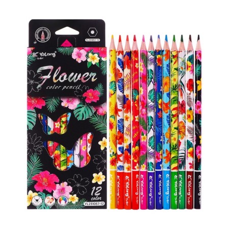 Pencils 12 colors in a cardboard box, hexagonal, wooden, flowers on a black mix