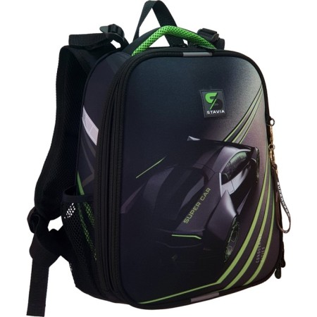 School backpack 38 x 30 x 16 cm, ergonomic back, Stavia "Super Car", black/green