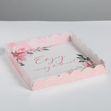 Cookie box, confectionery packaging with PVC lid, Enjoy EVERY MOMENT, 21 x 21 x 3 cm