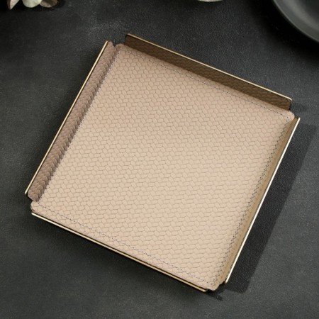 Metal tray, square eco -leather, 12 x 12 cm, brown color,-9