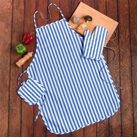 Kitchen set of shares. Color blue take 17x17 cm, mittens 26x16 cm, apron 60x80 cm, 100% p/e