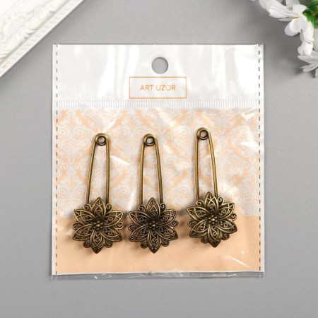Decor Metal for creativity "Pin with a flower" under brass (J-25) 5.5x2.5 cm-4