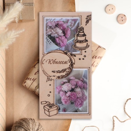 Wooden envelope "Happy anniversary!" peonies, 16 x 8 cm