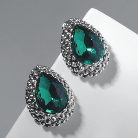 Earrings with rhinestones "Sea radiance", emerald color in black silver-1