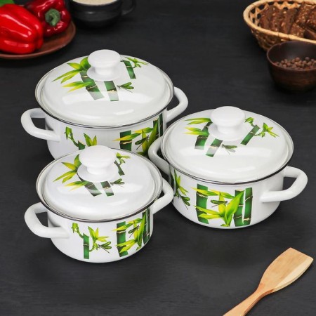 Set of pan "Bamboo", 3 subjects: 1 l, 1.5 l, 2.3 l, enameled covers, induction