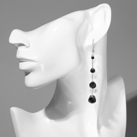 Hanging earrings with rhinestones "Drop" path, black color in silver, 6.2 cm-4
