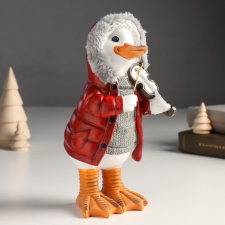 Souvenir Polystone "Goose in a down jacket with a hood with a violin" 11.5x9x21 cm-1