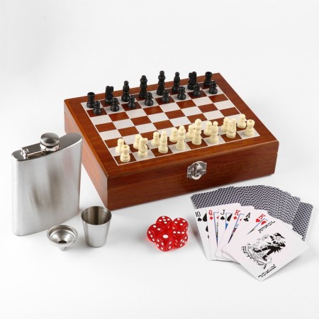 Set 6 in 1: Flaw 8 OZ, pile, funnel, cards, cubes 5 pcs, chess, 18 x 24 cm