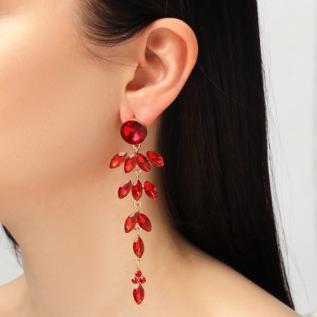 Hanging earrings with rhinestones "bun" deciduous, red color in gold, 9.5 cm-2