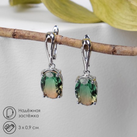 Earrings with rhinestones "Illusion" Ovol voluminous, brown-green color in silver