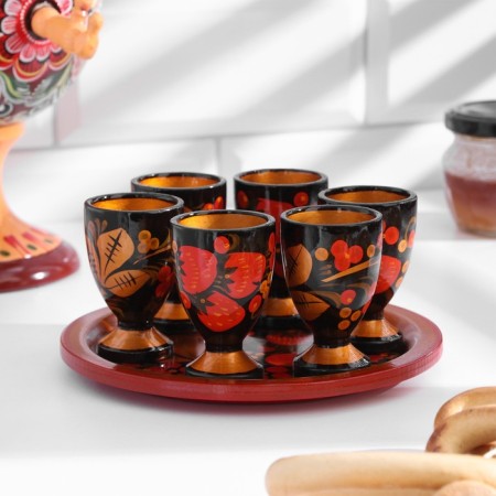A set of glasses with a tray, 6 pcs - 30 ml, Khokhloma