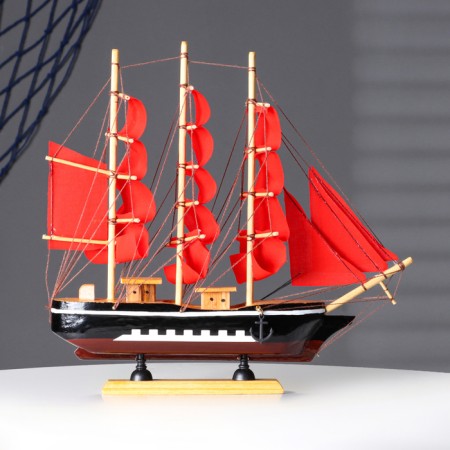The ship souvenir medium "Flora", Black side with a white strip, red sails, 32x6.5x31 cm-1
