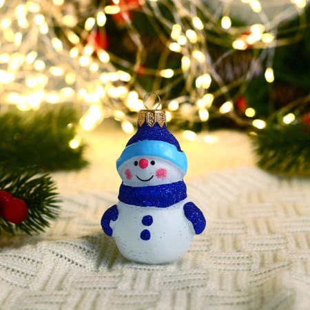 Christmas tree toy "Snowman in a hat" Hand painting, 8.4 cm, blue-white-2