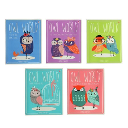 Notebook of 48 sheets in the Cute Owls cage, covered cardboard, matte lamination Soft Touch, mix
