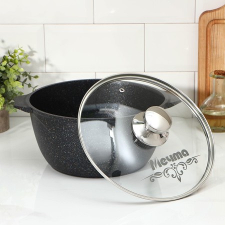 Pamper "granite Star", 4 l, d = 24 cm, h = 12 cm, glass cover, anti -stick coating, black color-1