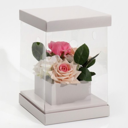 Gift box for flowers with a vase and PVC windows folding, packaging, "gray", 16 x 23 x 16 cm-1