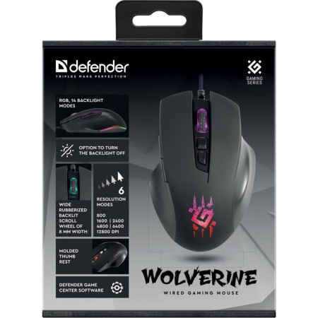 Mouse Defender Wolverine GM-700L, game, wired, backlight, 12800 dpi, USB, black-10