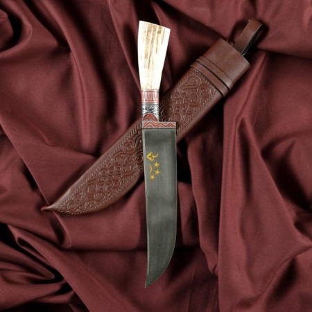 Knife Pchak Sharkhon - large, roe deer, wide handle, Garda tin engraving. ShH-15 (17-19 cm)-3