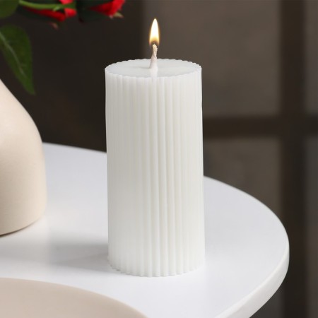 Candle-cylinder with faces, 5x10 cm, white, 6 hours