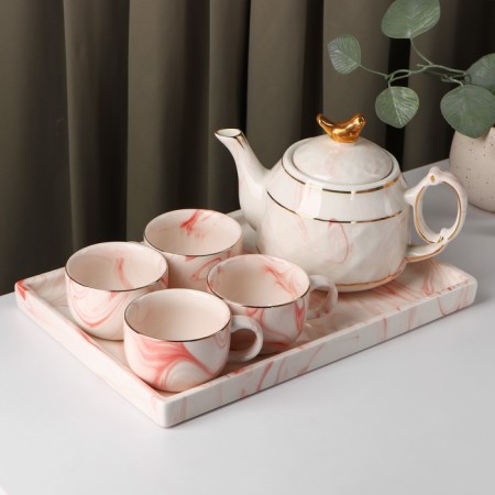 Ceramic tea set “Marble”, 6 objects: kettle 800 ml, 4 mugs 170 ml, tray 31 × 21 × 2.5 cm, pink color